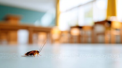 Cockroach on Classroom Floor in Sunlight, Hygiene Problem Concept