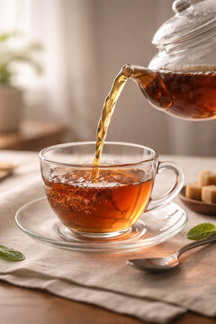 Hot black tea being poured from a glass teapot into a clear teacup on a linen placemat with sugar cubes and mint.