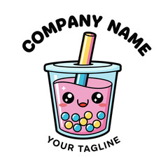 Cute Kawaii Boba Tea Drink Character with Happy Face and Colorful Pearls.