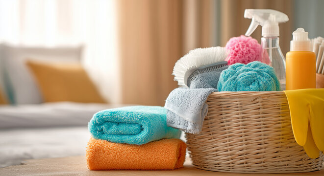 Cleaning supplies on a table with colorful spray bottles, sponges, and yellow gloves wiping a pink cloth. Household cleaning concept with detergents and tools in soft daylight.
 - Powered by Adobe