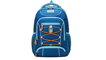 Blue backpack with orange zippers isolated on transparent background