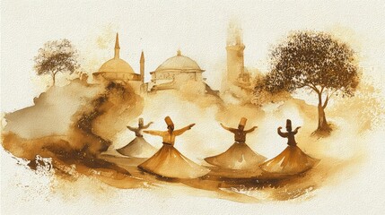 Minimal Continuous Line Drawing of Whirling Dervish Dance with Sacred Geometry