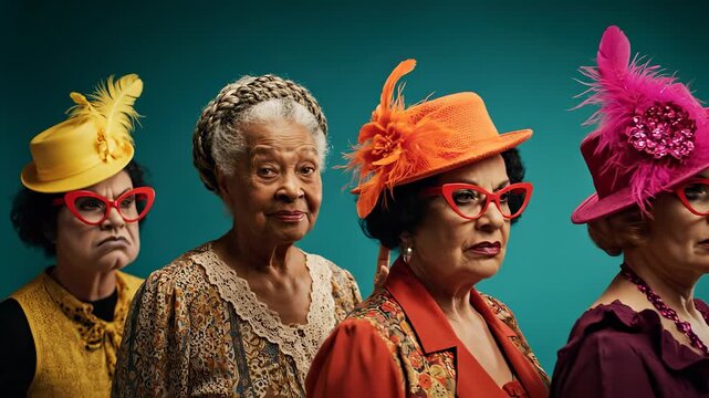 Group of senior woman wearing hat and glasses. Vintage fashion portrait with confident expression and style. Lined lineup shows multiple woman in coordinated attire. Studio teal backdrop. Bright hues.