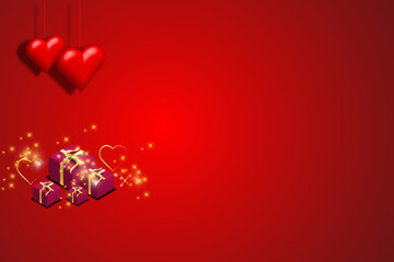 Valentines day background with red hearts 3d and gift boxes. Vector illustration. copy space area