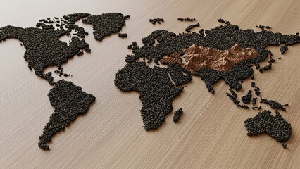 World map crafted from dark seeds and spices on a wooden surface, highlighting a textured continent.