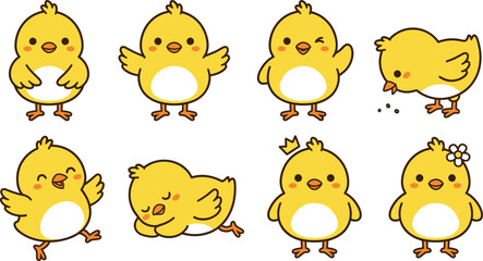 Set of cute yellow chick characters in different poses, flat vector illustration of birds isolated on white background, cad drawing flat vector illustration © EMON