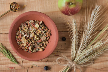 Top View of Lammas Incense with Apples and Harvest Symbols