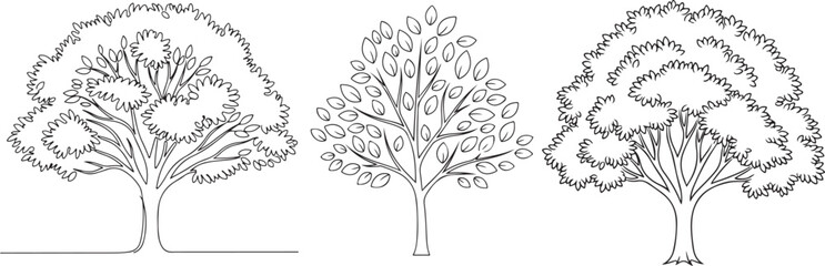 Minimalist black leafy tree vector set in single line art style. Editable tree illustration on white background.eps