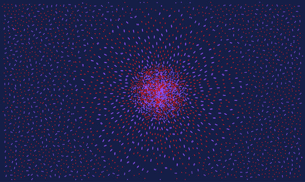 Abstract vector technology background with red and purple particles exploding from center. Digital data flow bursting dots on dark blue backdrop. Science and space galaxy texture concept design.