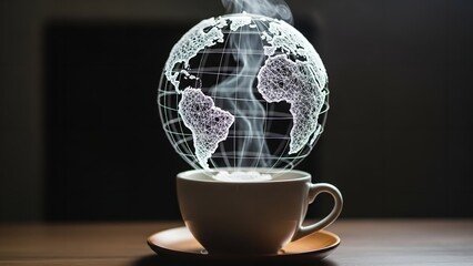 Steaming cup of coffee with a glowing globe rising from the warm beverage