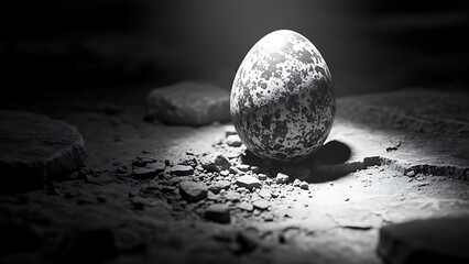 Dramatic close up of a single speckled egg illuminated by a stark spotlight in a dark, rough environment
