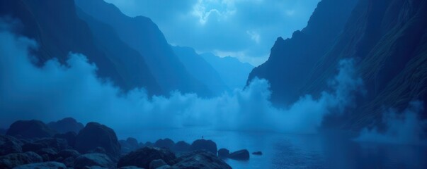 Deep blue cyclorama, misty, opulent, abstract, extra depth , dark blue, misty