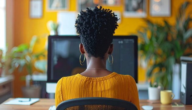 a black woman with short hair wearing a yellow blouse shirt working on computer sitting at desk in the office, seen from behind