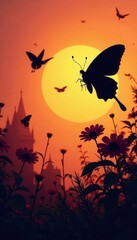 Playful black butterfly silhouettes, quirky poses , whimsical, illustration