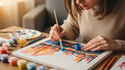 Focused young woman paints vibrant abstract canvas from numbered pots, expressing creativity and finding joy in relaxing home hobby