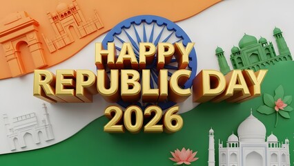 Happy republic day 2026 3d golden text with indian monuments and ashoka chakra