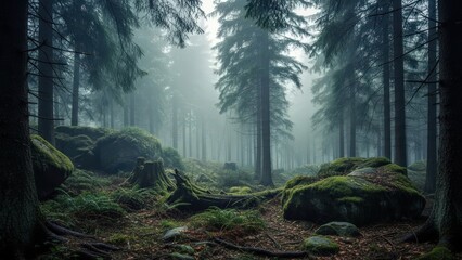 Foggy morning in a dense forest with tall pine trees, moss-covered rocks, and tree stumps on the forest floor