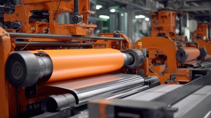 Industrial machinery with large orange roller processing metallic material