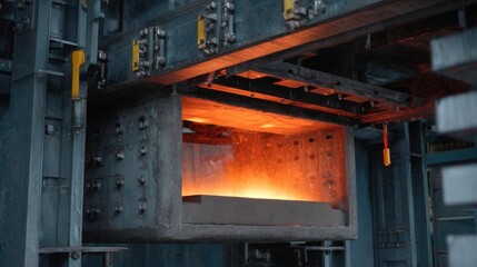 Industrial furnace with molten metal glowing intensely orange and sparks flying