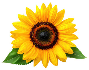 Fototapeta premium Bright sunflower blossom, two green leaves, dark background