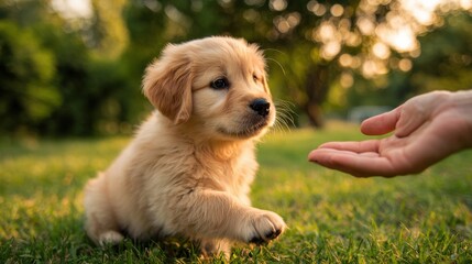 Puppy Training Banner Showing a Playful Moment With a Young Dog in Soft Daylight on Grassy Ground With Space for Text