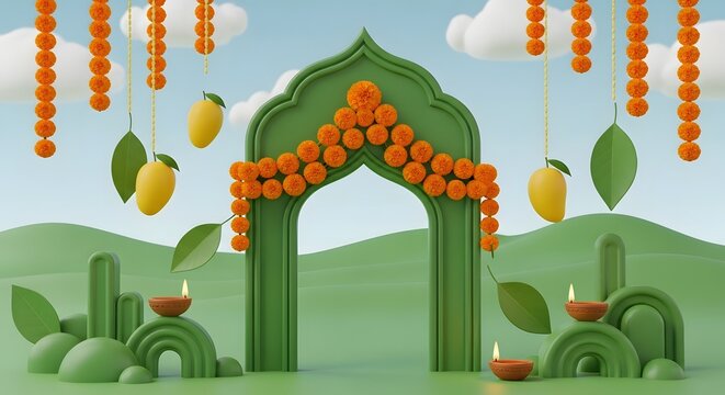 Festive indian celebration archway with marigold flowers, mangoes, and diyas on green landscape