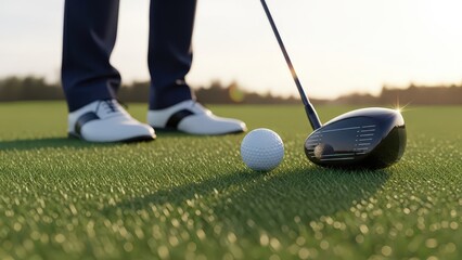 Golfer stands with a golf club over a golf ball on green grass at a golf course on a bright day