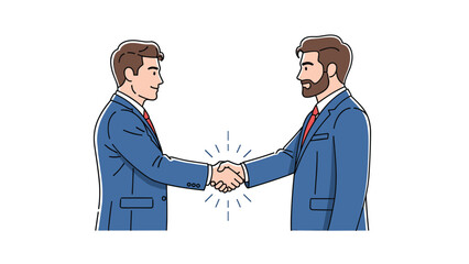 Fototapeta premium Two professional businessmen wearing formal blue suits shake hands to finalize a successful partnership or corporate agreement together.