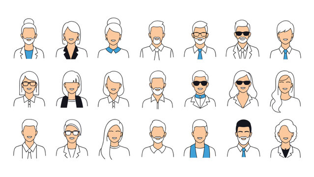 Set of simple line art avatars representing senior men and women with different hair styles, glasses, and professional clothes.