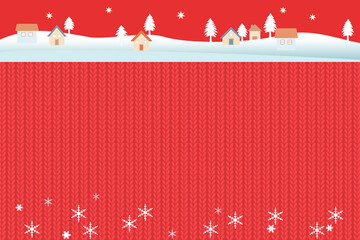 家と木のある雪の風景、ニット編み物の背景イラスト