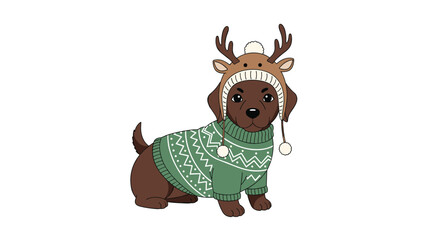Adorable chocolate dachshund puppy wearing a festive green knitted Christmas sweater and a cute reindeer hat with antlers.