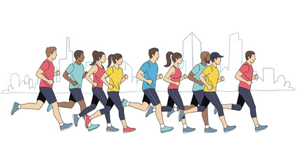 Diverse group of men and women jogging together in a city environment during an outdoor fitness activity or group run.