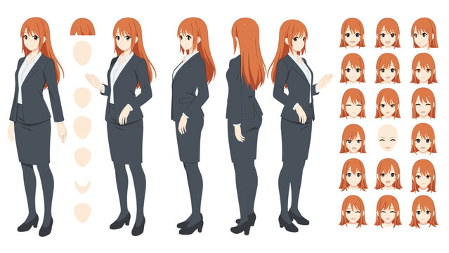 Comprehensive character design sheet of a young businesswoman in a dark suit featuring various poses and facial expressions.