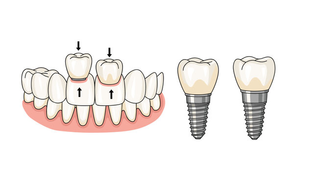 Medical illustration showing the process of dental implant surgery with replacement teeth being fitted into the human jaw.