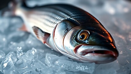 seabass. Close-up of fresh sea bass on ice, its glistening scales highlighted in cool blue tones. menu design, packaging mockups, designed for culinary blogs and recipe cards for restaurants.