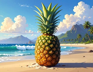 A pineapple sits on a sandy beach with waves, palm trees, mountains, and fluffy clouds in the bright blue sky