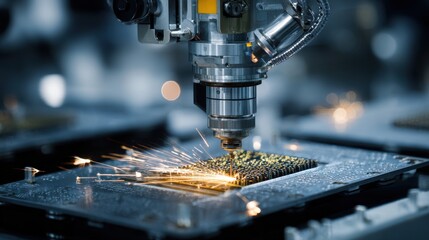 Robotic high precision laser machine processing a microchip on a circuit board with bright sparks in a high-tech industrial manufacturing facility