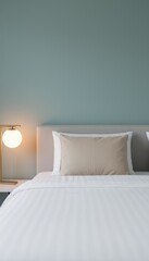 Minimal bedroom with blue wall, hotel room interior background