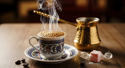 Steaming hot traditional turkish coffee served in an ornate cup with a copper cezve and sweet delight on a wooden table.