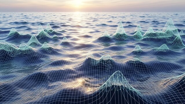 Abstract digital landscape overlay on ocean waves at sunset, representing data and technology.