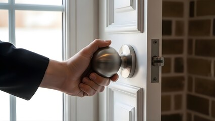 A close-up shot captures a person's hand turning a round metal doorknob to open a white door