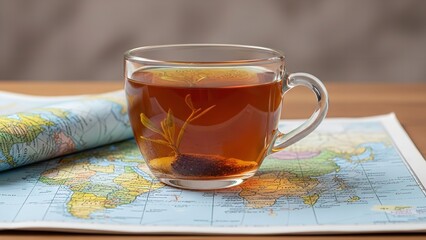 Warm cup of tea resting on a world map, suggesting travel and relaxation