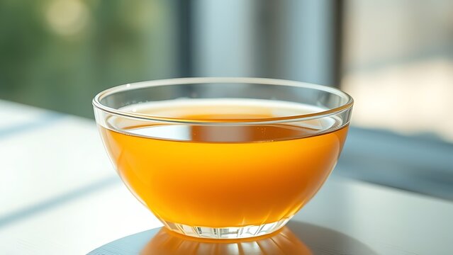 consomme. Crystal clear glass bowl filled with golden consomme soup, natural window lighting. menu design, packaging mockups, designed for food delivery and cloud-kitchen brand materials.