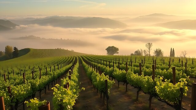 passphrase. Nebbiolo grape vineyard on Piedmont hillside with morning fog and rolling hills. travel magazines, destination branding, designed for outdoor magazines and nature guides.