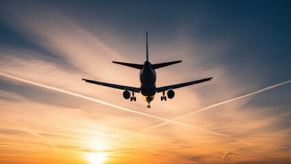 Fototapeta premium Silhouette of passenger jet plane with landing gear down flying during a vibrant sunset in sky
