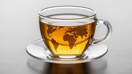 A cup of tea reflecting the world map, symbolizing global connection and exploration.