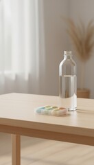 Glass bottle on wooden table in sunlight, minimal lifestyle still life