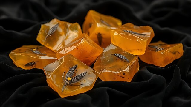 copal. Several raw amber copal resin pieces on black velvet with ancient inclusions. gardening catalogs, home-decor guides, designed for home decor and floral branding, used by video editors.