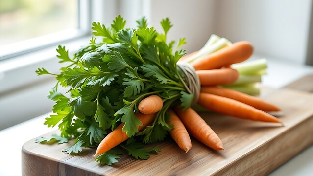 lovage. A bundle of lovage, carrots, and celery on a rustic cutting board. menu design, packaging mockups, designed for food delivery and cloud-kitchen brand materials, used by professors.