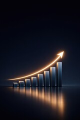 Golden rising bar chart with arrow, business growth and success concept